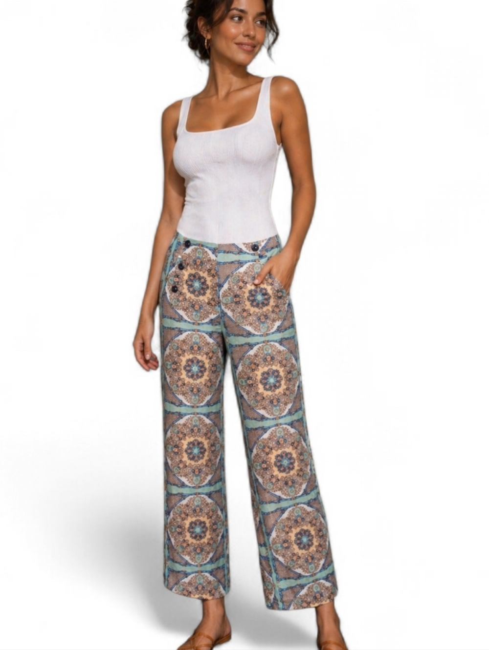 Gianni Bini Printed Pants High Rise Medallion Wide Leg Ankle. Small